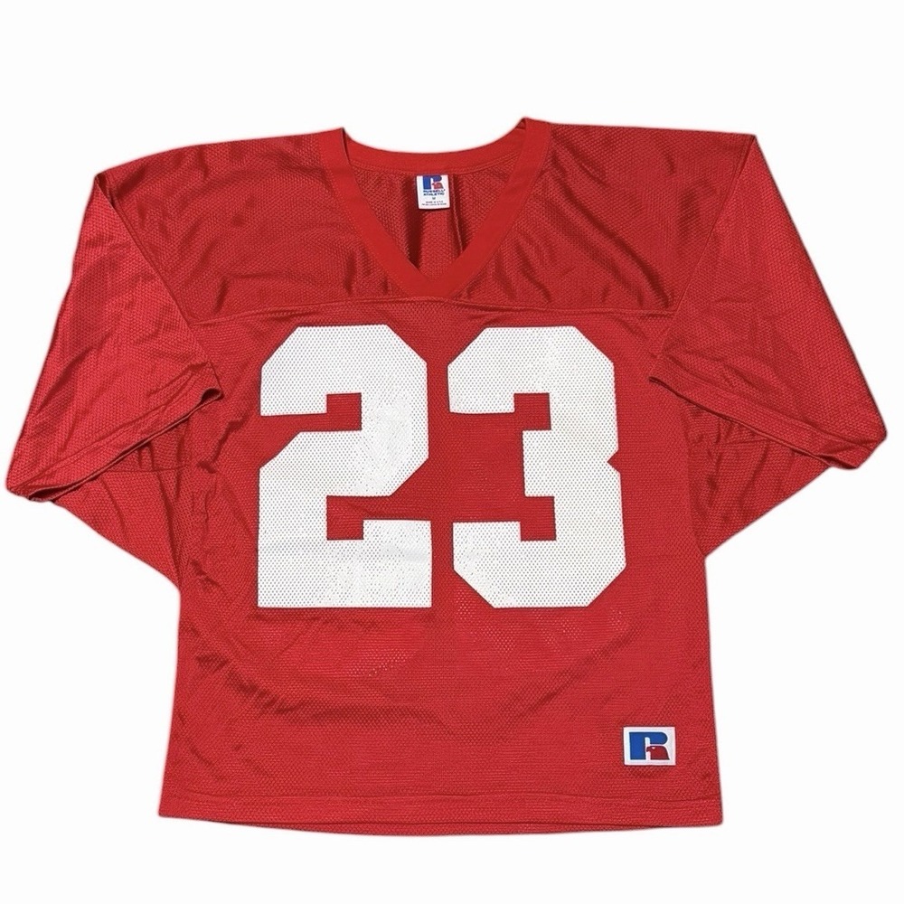 Vintage Russell Athletic Men's Medium Red Football Jersey Mesh Cropped #23 USA